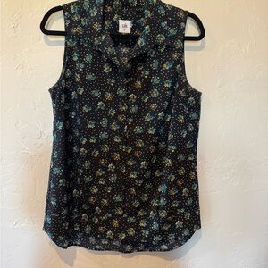 CAbi Black Blue Floral Sleeveless Blouse with Notched Collar